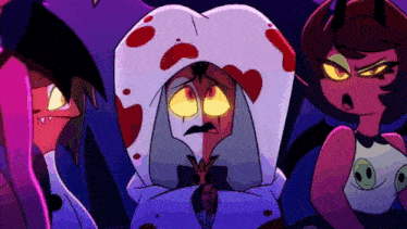 a group of cartoon characters are standing next to each other and one of them is wearing a bloody hoodie .