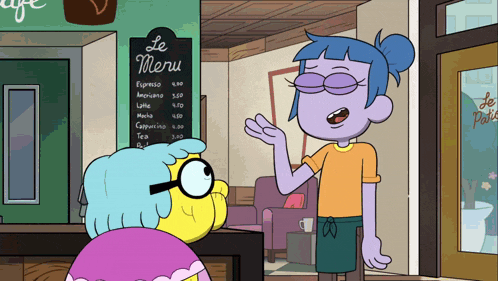 two cartoon characters are standing in front of a sign that reads le menu