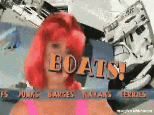 a woman with red hair is standing in front of a collage of boats
