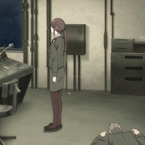 a girl in a military uniform stands in a room