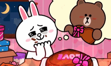 a cartoon rabbit and a brown bear are sitting at a table with a cake that says love on it