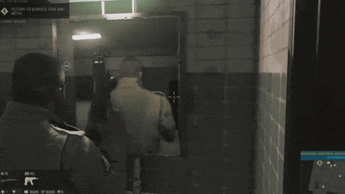 a man in a video game is aiming a gun at a mirror that says return to bunkers iron and metal on it