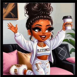 a cartoon of a girl holding a cup of coffee and wearing a shirt that says blessings