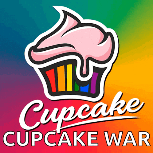 a logo for cupcake war shows a cupcake with rainbow frosting