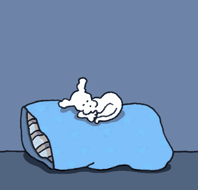 a cartoon of a dog sleeping on a blue blanket with the letters zzz written above it