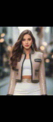 a woman wearing a crop top and a jacket is walking down a street .