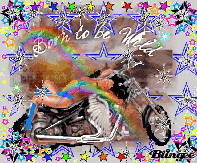a woman laying on a motorcycle with the words born to be wild