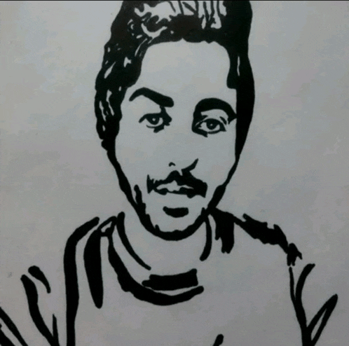 a black and white drawing of a man with a beard and mustache