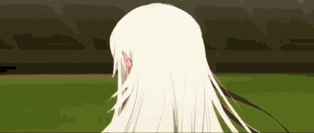 a woman with long white hair is standing in front of a green field .