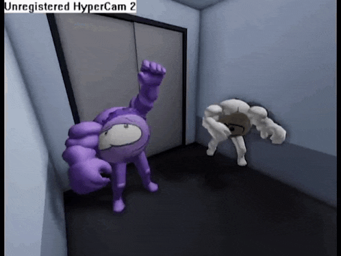 a purple cartoon character is standing next to a white cartoon character in an unregistered hypercam 2 video game .
