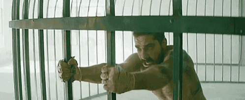 a shirtless man is standing in a cage holding onto a metal bar .