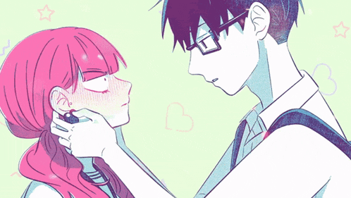 a boy and a girl are looking at each other with a heart in the background
