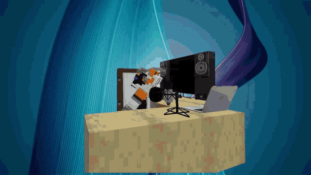 a computer monitor sits on a wooden desk next to a laptop and speakers