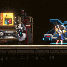 a pixel art drawing of a man standing next to a car with the trunk open