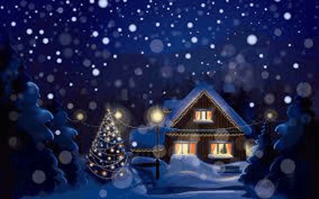 a house with a christmas tree in front of it in the snow .