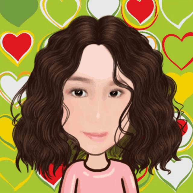 a cartoon drawing of a woman with curly hair and hearts in the background