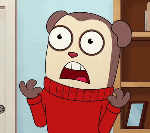 a cartoon monkey wearing a red sweater has a surprised expression