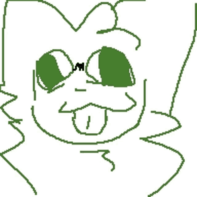 a pixel art drawing of a cat with green eyes sticking out its tongue
