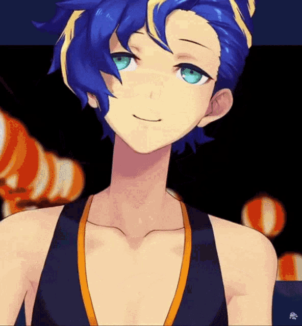 a close up of a blue haired anime character with blue eyes