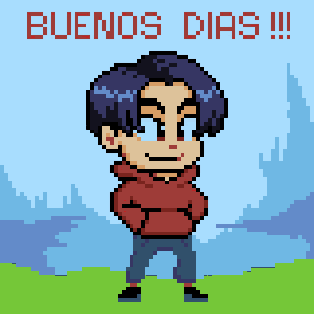 a pixel art drawing of a boy with the words buenos dias written on the bottom