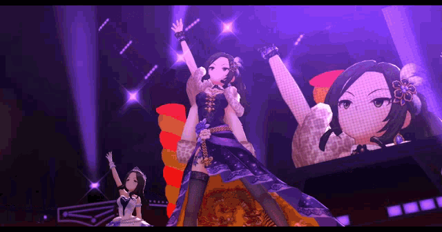 a group of anime girls are standing on a stage