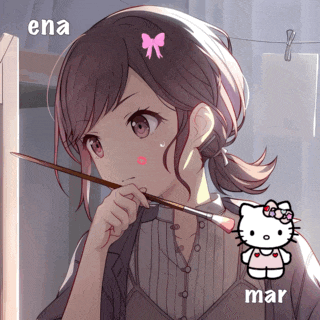 a girl with a pink bow on her head is holding a brush and a hello kitty sticker