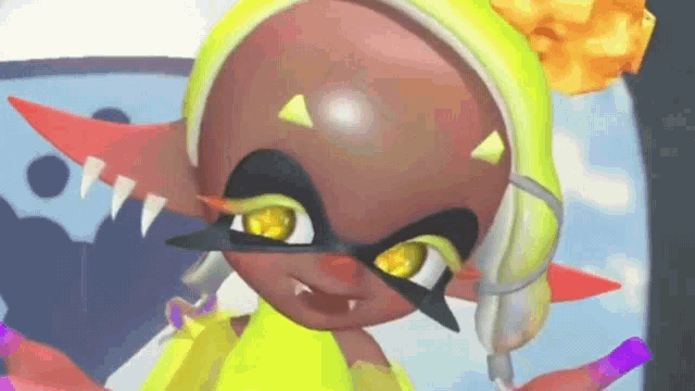 a close up of a cartoon character with yellow eyes and teeth