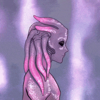 a drawing of a purple alien with pink tentacles and a purple background .