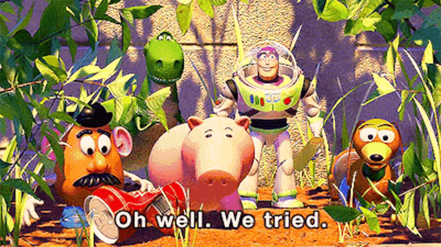 a group of toy story characters including mr potato head buzz lightyear and hammy