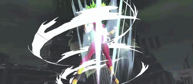 a cartoon character is standing in a dark room with a white light coming out of his body .