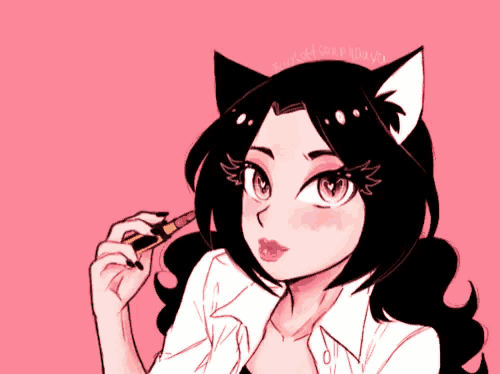 a drawing of a girl with cat ears holding lipstick