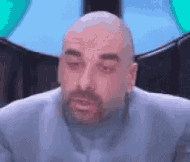 a bald man with a beard is looking at the camera .