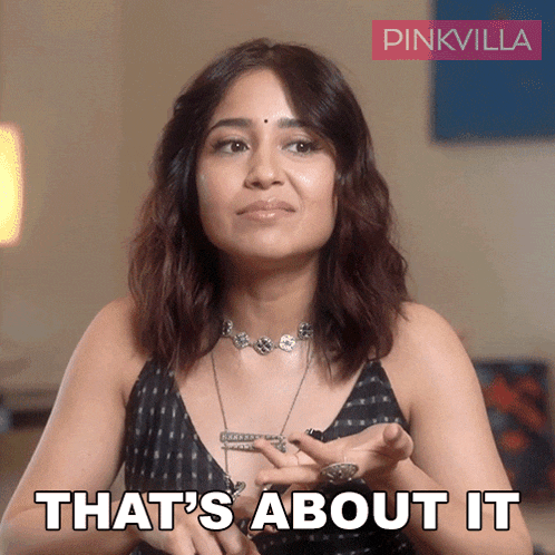 a woman says that 's about it in front of a pinkvilla sign