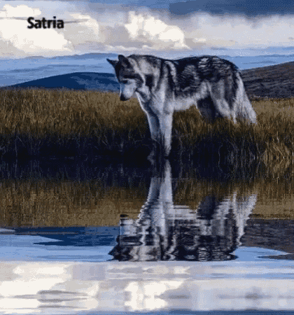 a wolf is standing in a field next to a body of water .
