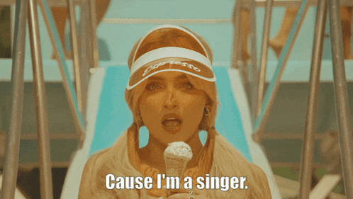 a woman holding an ice cream cone with the words cause i 'm a singer below her