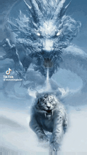 a tiger is running in front of a dragon that is coming out of the sky