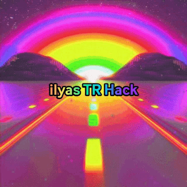 a road with a rainbow in the background and the words `` ilyas tr hack '' on it .