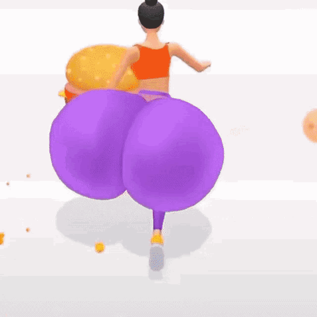a woman in a purple skirt is standing next to a hamburger in a video game .