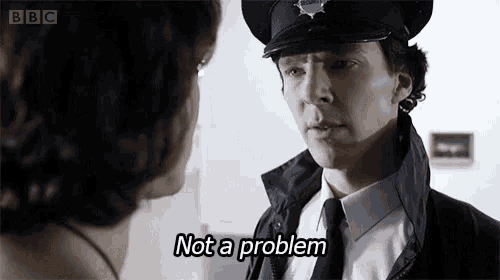 a man in a police uniform is talking to a woman and says `` not a problem '' .