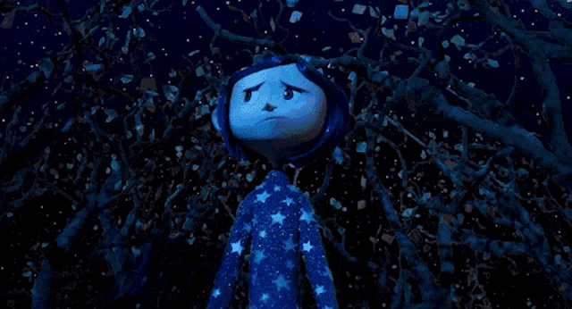 a cartoon character in a blue shirt with stars on it stands in front of a tree