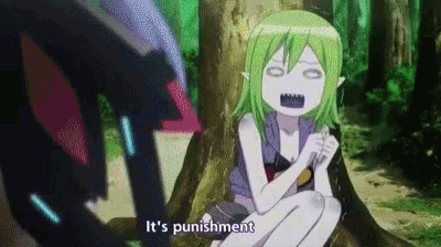 a cartoon girl with green hair is sitting on a tree stump and says it 's punishment .