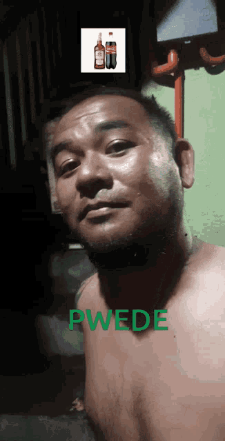 a shirtless man is taking a selfie with the word pwede written below him