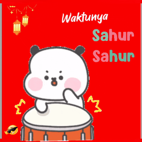 a cartoon panda bear playing a drum with the words waktunya sahur sahur below it