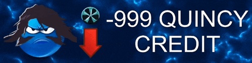 a blue cartoon character with the words 999 quincy credit below
