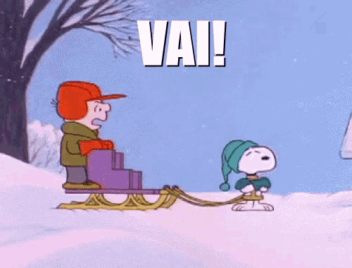 a cartoon of snoopy pulling charlie brown in a sled with the word vai written above them