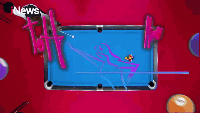 a pool table with a drawing of a person on it and the word news on the bottom