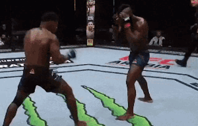 two fighters are fighting in a ring with a monster energy logo on the floor