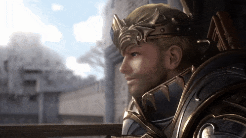 a man wearing a crown and a shield looks to the side