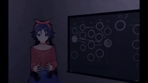 a girl stands in front of a blackboard with circles and numbers on it