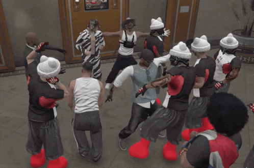 a group of people are dancing in a room with a sign that says supreme on it